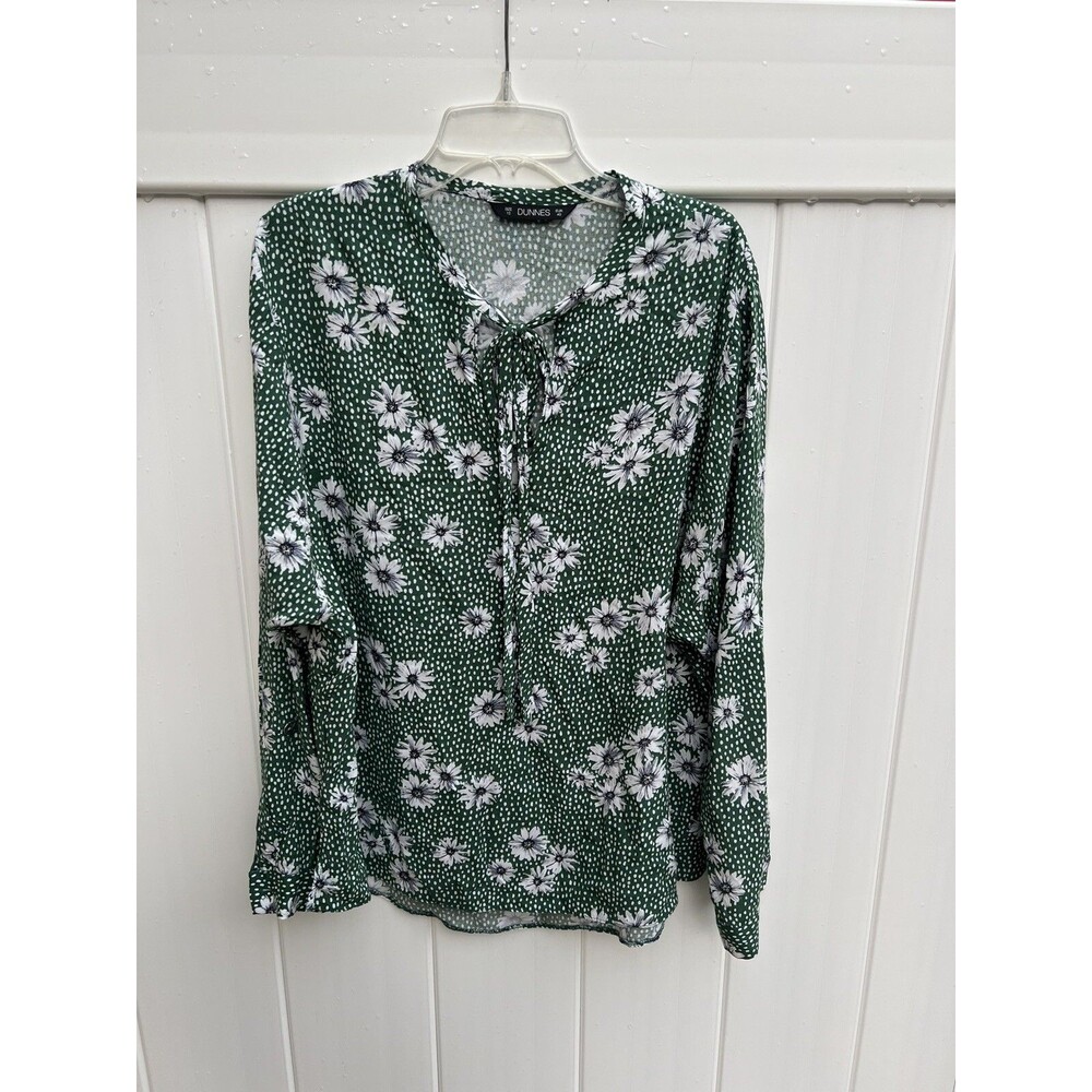 Dunnes Womens Floral Long Sleeve Blouse Green White Size 12 Tie Neck Boho